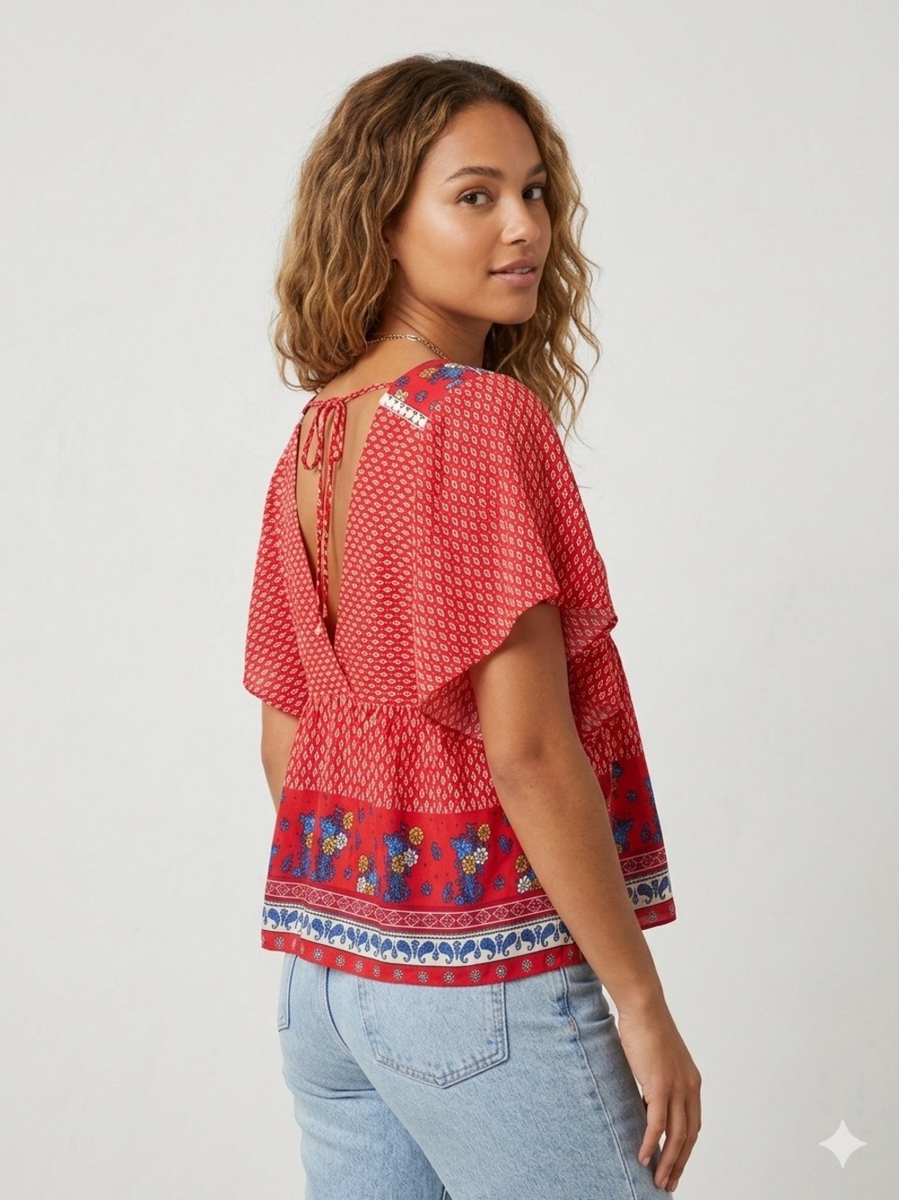 Red Floral Border Peasant Blouse with V-Back Tie